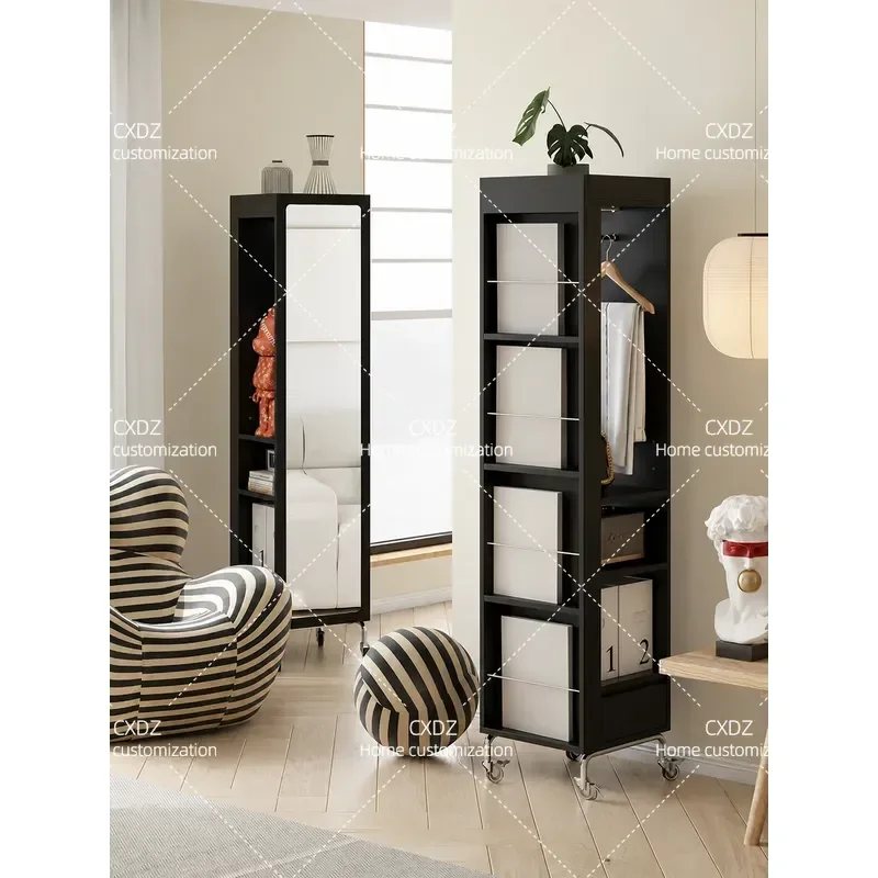 Simple Mobile Mirror Cabinet Multifunctional Movable Magazine Storage Floor to Ceiling Full Body Mirror Cabinet