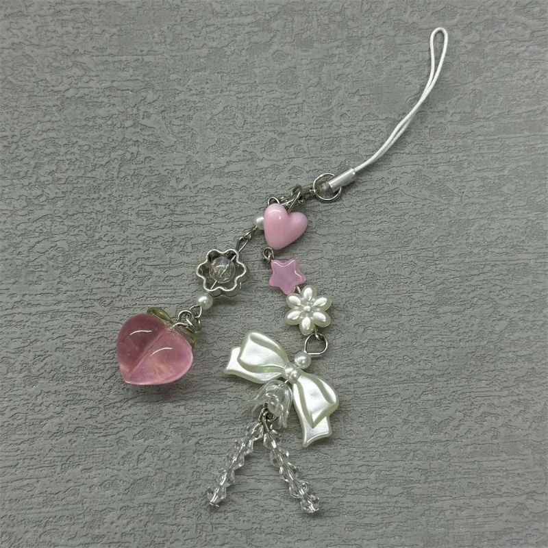 Pink Cute Peach Phone Charms Pendant Cute Bowknot Bead Handmade Sweet Girl Keychain For iPhone Camera Chain Love Heart Jewelry