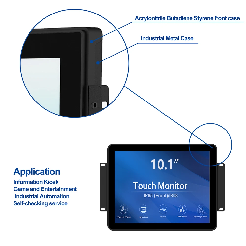 Monitor LCD touch screen capacitivo a telaio aperto da 10,1 pollici IK08/IP65 10 punti