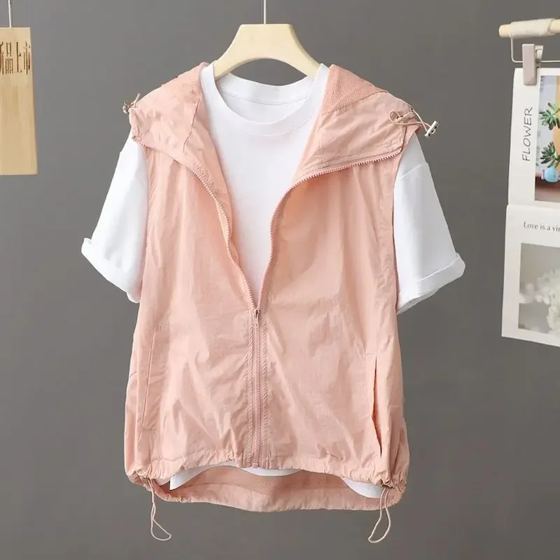 Korean Zipper Vests Women Casual Loose Hooded Sleeveless Rash Guards Vest Fashion Thin Coat Summer Trend Waistcoat Y2k Tops 2024