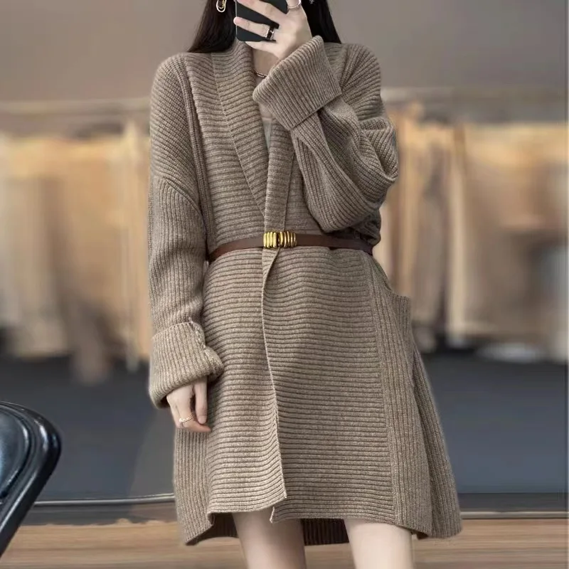Autumn Winter Thick Solid Color V-neck Sweater Jacket for Female Elegant Korean Lazy Style Warm Mid Length Knitted Cardigan New