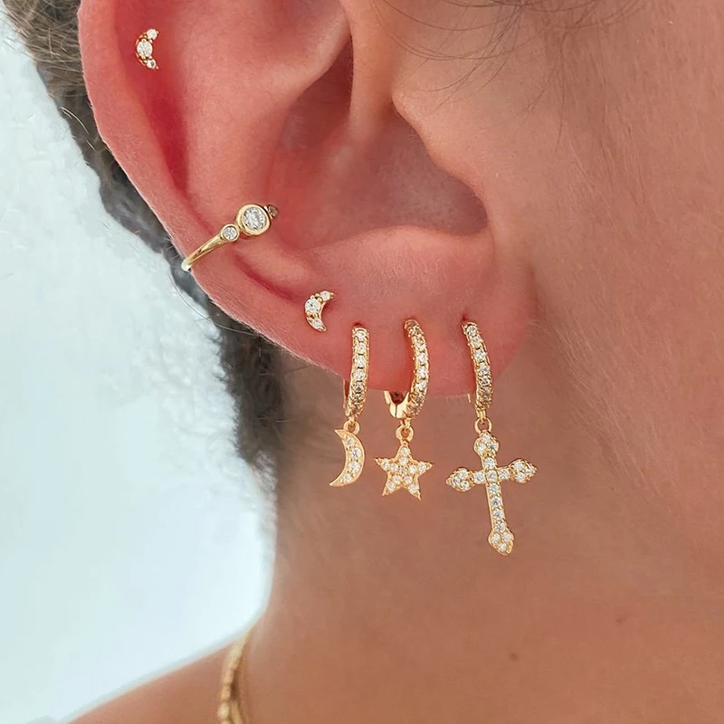 Stainless Steel Crystal Zirconia Cross Hoop Earrings For Women Star Moon Pendant Cartilage Helix Tragus Earring Piercing Jewelry