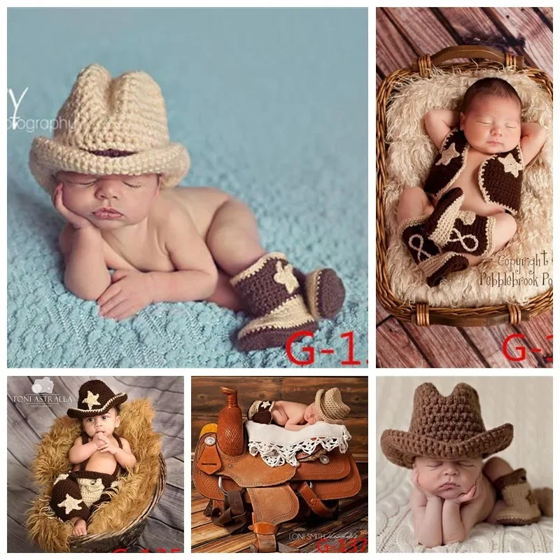 

Newborn Hundred Day Baby Photography Suit-Woven Yarn Set & Pirate/Cowboy Outfits Cute Photo Prop Costumes for Infant Photoshoots
