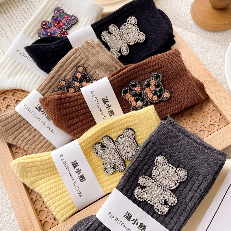 Модные носки с украшением в виде медведя со стразами, дизайнерская индивидуальная одежда, носки с диким ворсом в средних хлопковых носках Ins