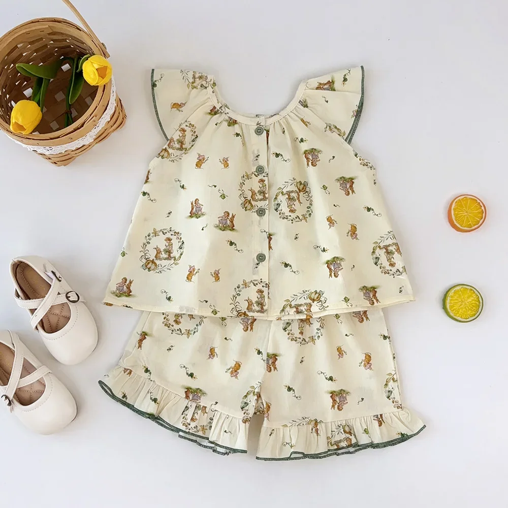 Summer Cute Baby Girl Clothing Flying Sleeve Round Neck Single Breasted Top+Shorts Set Cartoon Rabbit Printed Kids Clothes