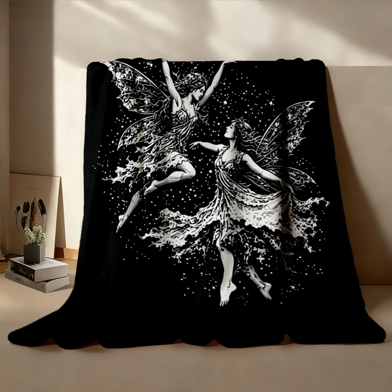Grunge Dancing Fairies Cozy Blanket, Fairycore Graphic Warm Blanket, Faerie Dark Gothic Aesthetic Soft