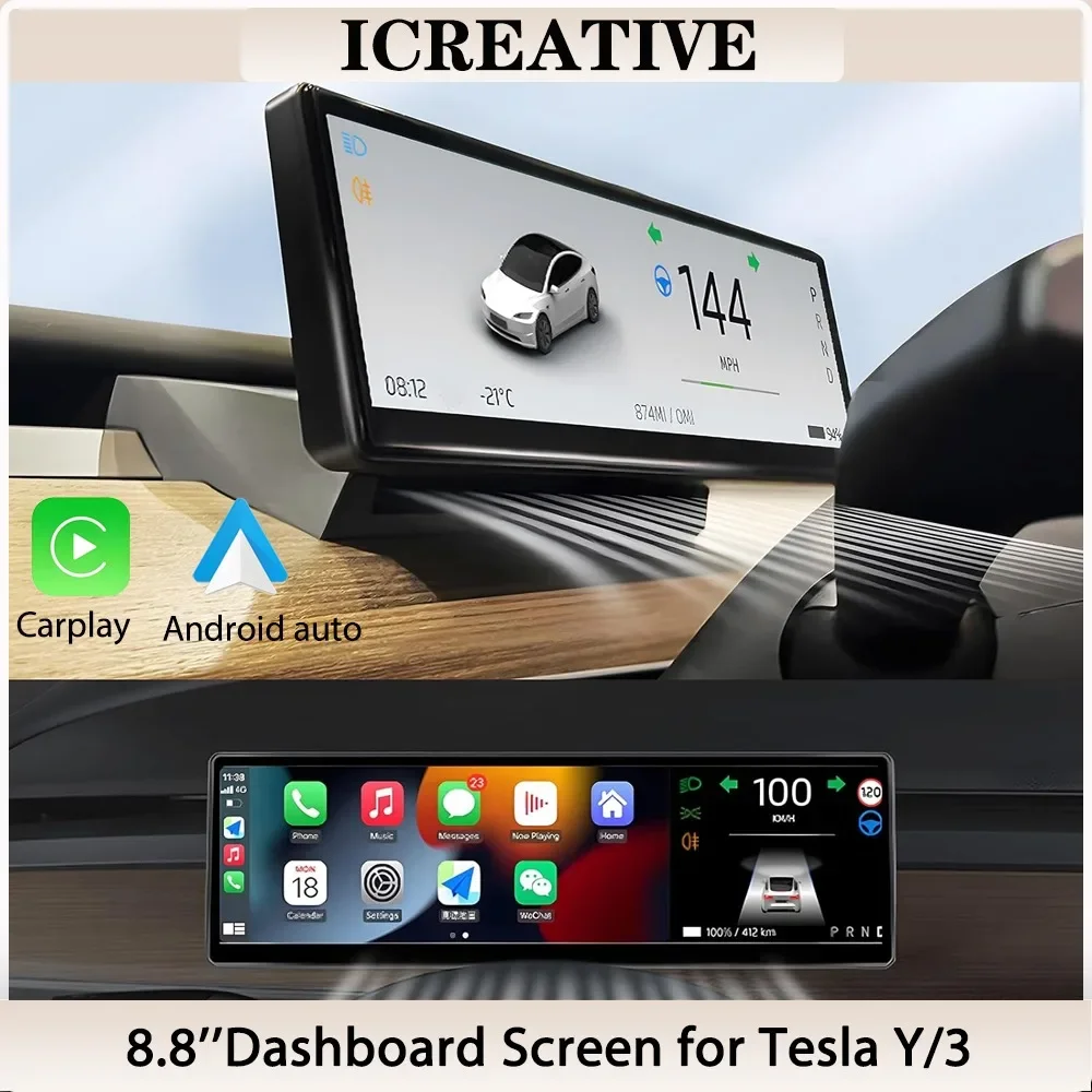 Head up Display for Model Y or 3 Carplay Android Auto Instrument Cluster, 8.8'' Ultra Thin Screen Dashboard No Block AC-Vent