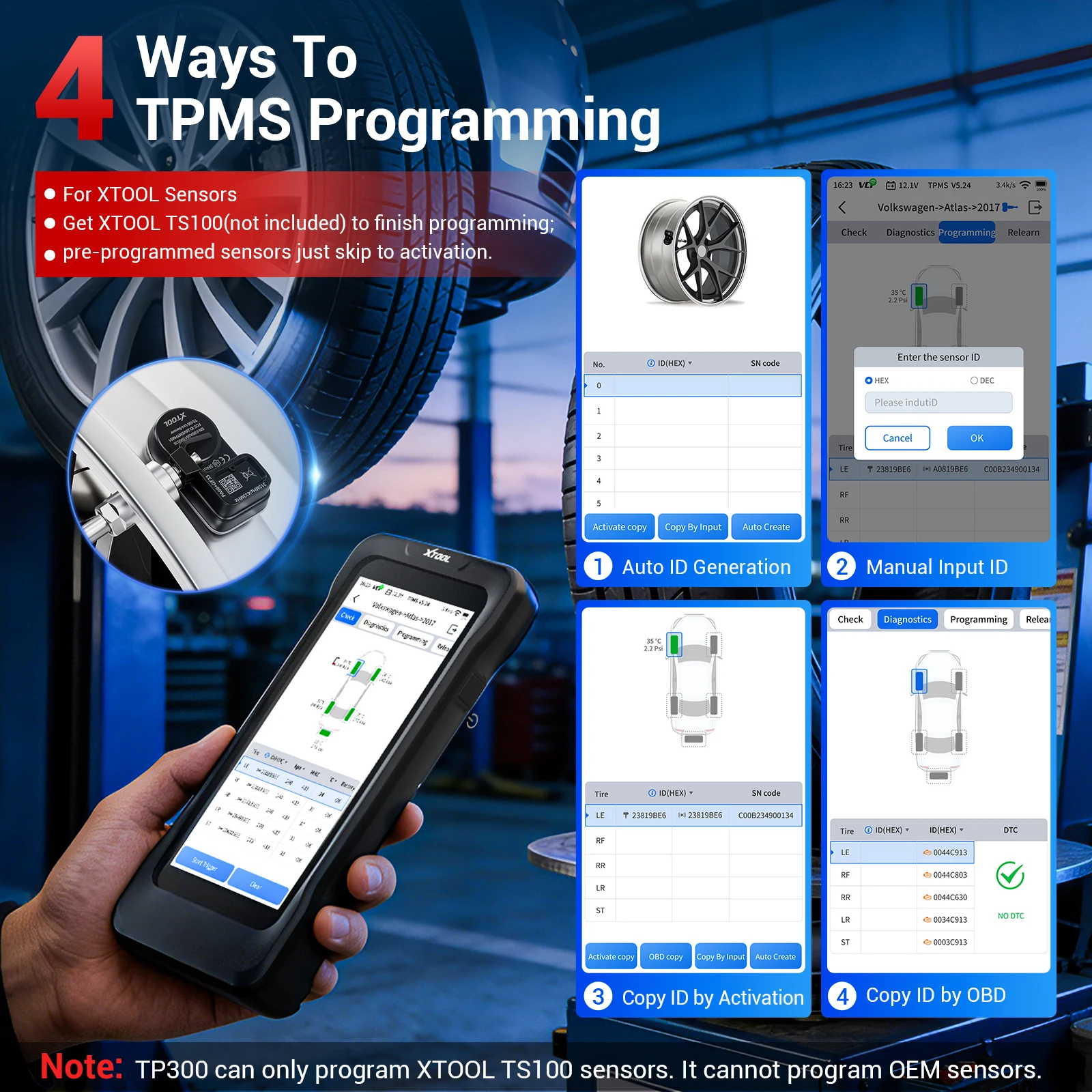 

XTOOL TP300: Инструмент для перепрограммирования датчиков TPMS, программатор активации датчиков, диагностика 5 систем, автосканер, данные в реальном времени, 8 функций сброса, пожизненные обновления