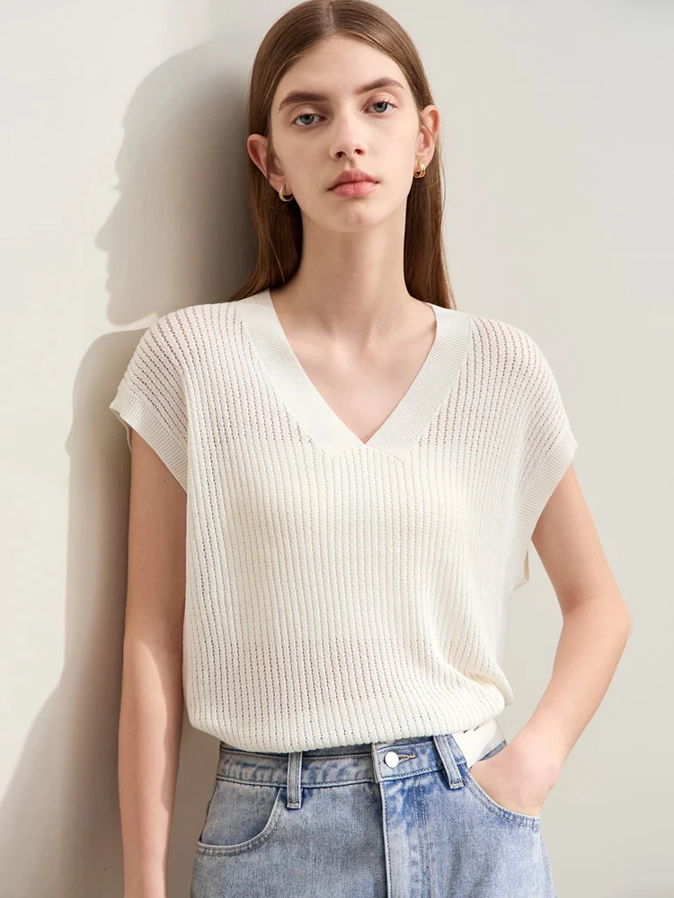 Amii Minimalism Knit Sweater Women 2024 Summer T-shirt  Knit Raglan Short Sleeve V-neck Loose Hollow Out Pullovers Tops 12422156