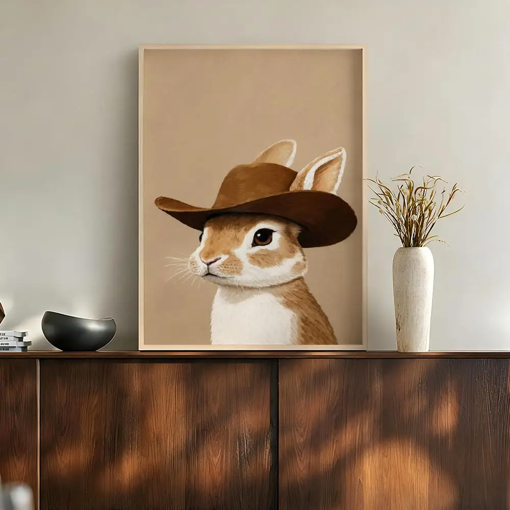 Western Cowboy Rabbit Desert Sepia Vintage Storybook Scenes Poster Modern Aesthetic Wall Art for Home Bar Cafe Bathroom Decor