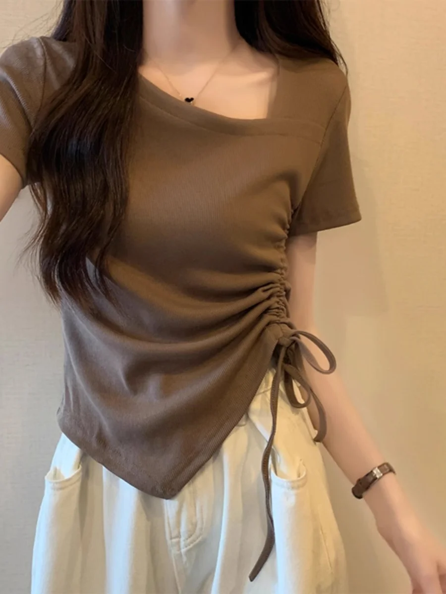 Chic Short Sleeve T-Shirt Women's Summer Drawstring Slimming Belly Cover Korean Style Short Length Asymmetric Design Cotton B...