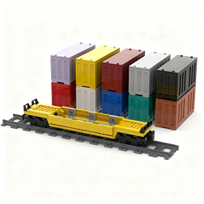 407pcs MOC City-Scale 6-Stud Wide TTX Intermodal Well Car 10 Container Blueprints Train RC Train Model Building Blocks Toy 3D