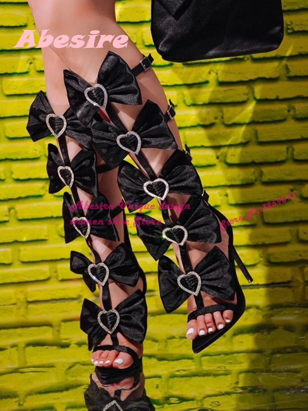 Black Butterfly-knot Buckle Sandals Open Toe T-strap Knee High Stiletto Heels Sandal Boots Summer 2023 New Party Shoes Luxury