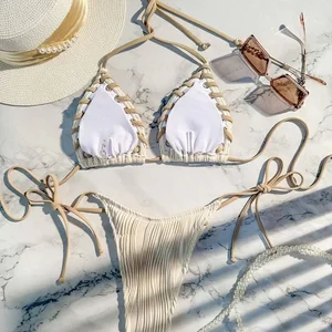 2025 الرسن المجعد نسج بيكيني النساء ملابس السباحة من قطعتين مجموعة بيكيني البرازيلي ملابس الشاطئ أفضل 8 قميص كرة قدم على الوجهين للمبيعات - رقم 3