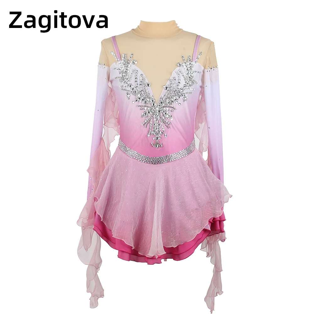 Custom Figure Skating Dress Light Pink Long Sleeved For Women And Girls Ice Skating Clothes Floating Sleeves With Rhinestones