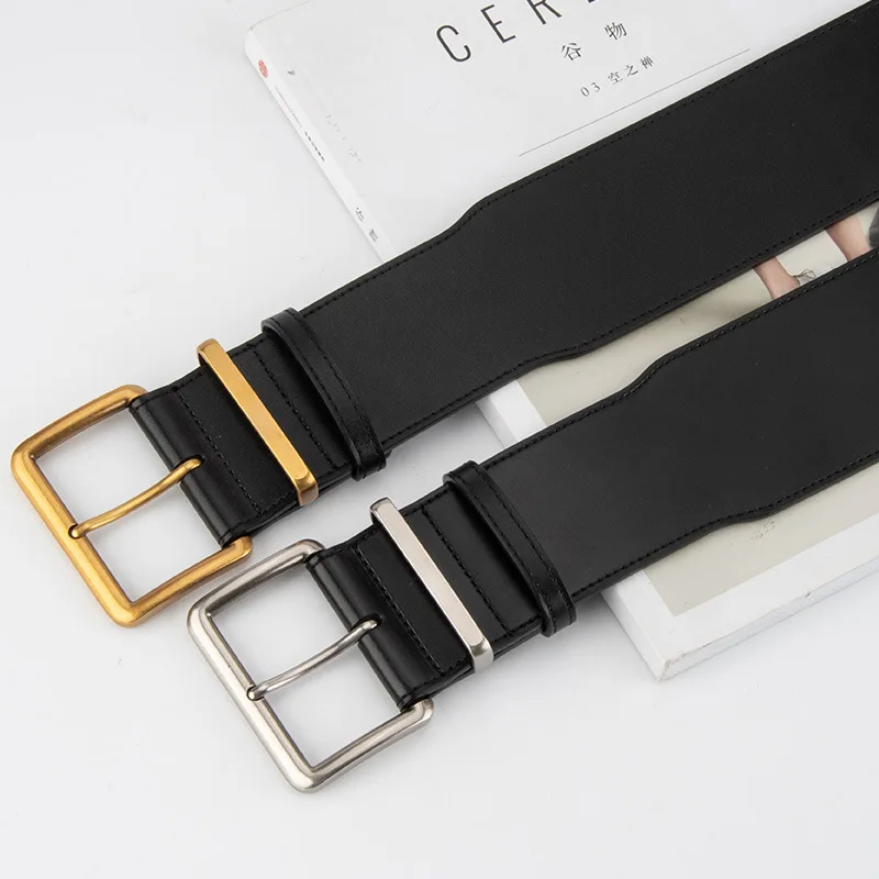 Women's cowhide wide belt retro square pin buckle genuine leather belt high-end sense with jeans decorative waist seal