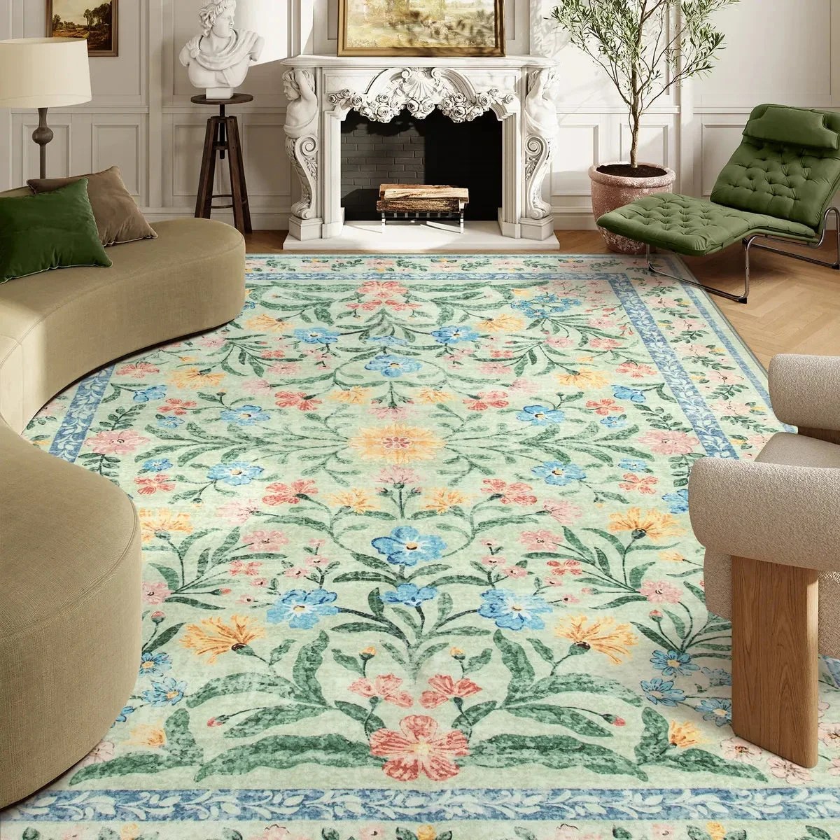 Boho Modern Parisian Garden Floral Green Area Rug Living Room Floral Pattern Decorative Rug Bedroom Art Rug Anti-slip Carpet