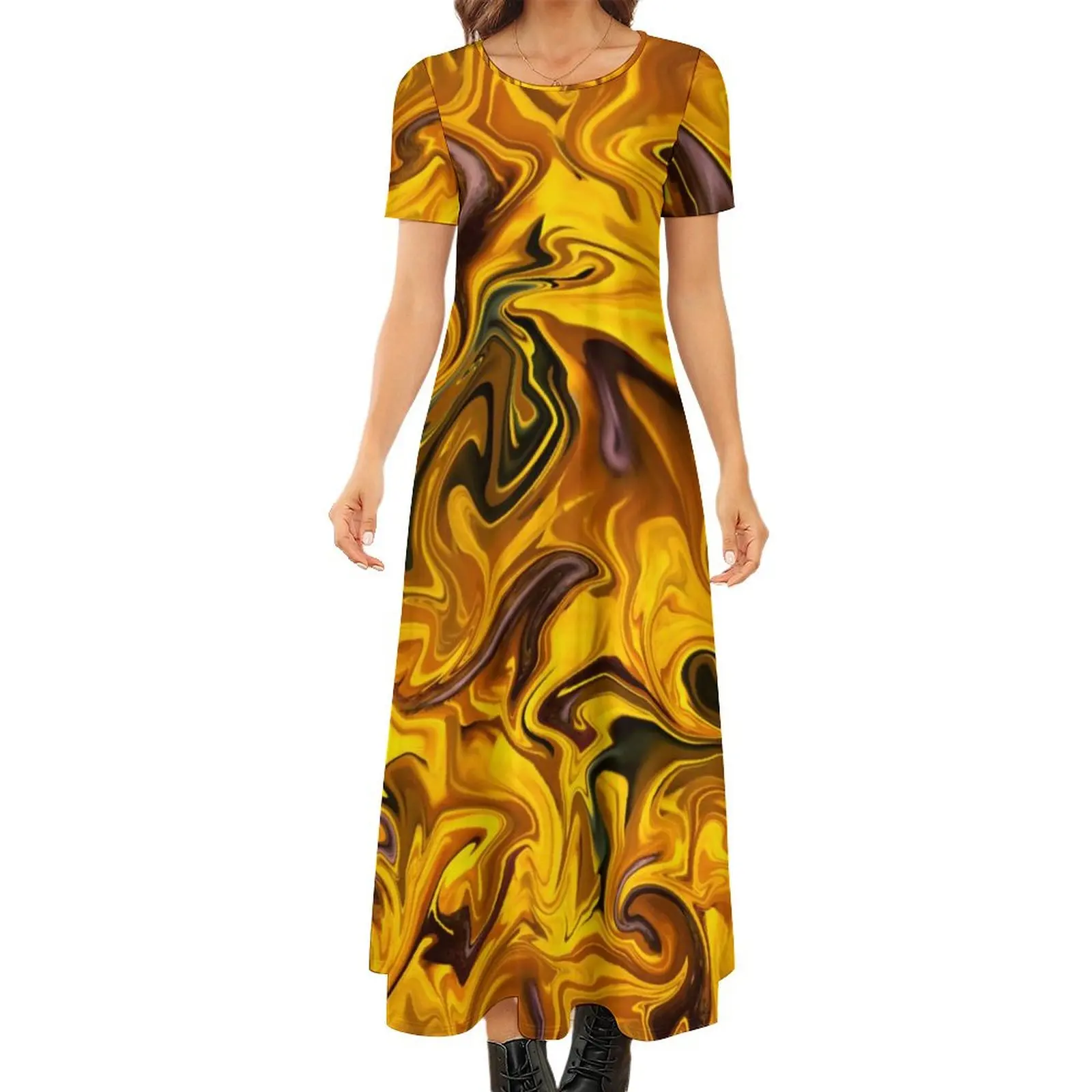 

Sunflower Swirl Dress Abstract Art Print Vintage Maxi Dress Short Sleeve Street Style Boho Beach Long Dresses Big Size Vestido