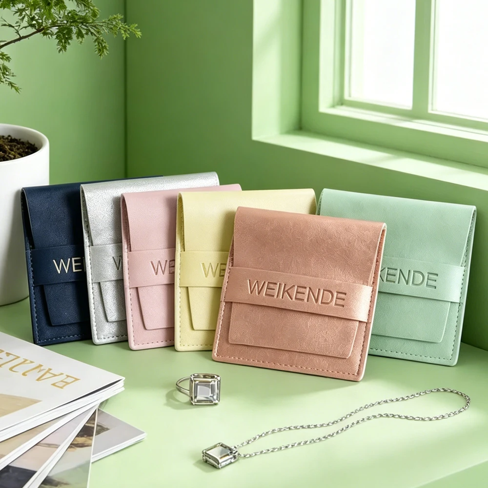 

50Pcs Custom Logo Jewelry Packaging Bag PU Leather Flip Dust Proof Bags Necklace Earrings Organizer Birthday Gift Storage Sachet