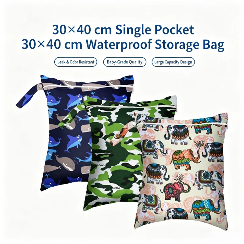 30x40cm Single Pocket Waterproof Diaper Bag Snap Button Handle Zipper Printed Portable Mommy Bag Wet Dry Storage Bag for Gym