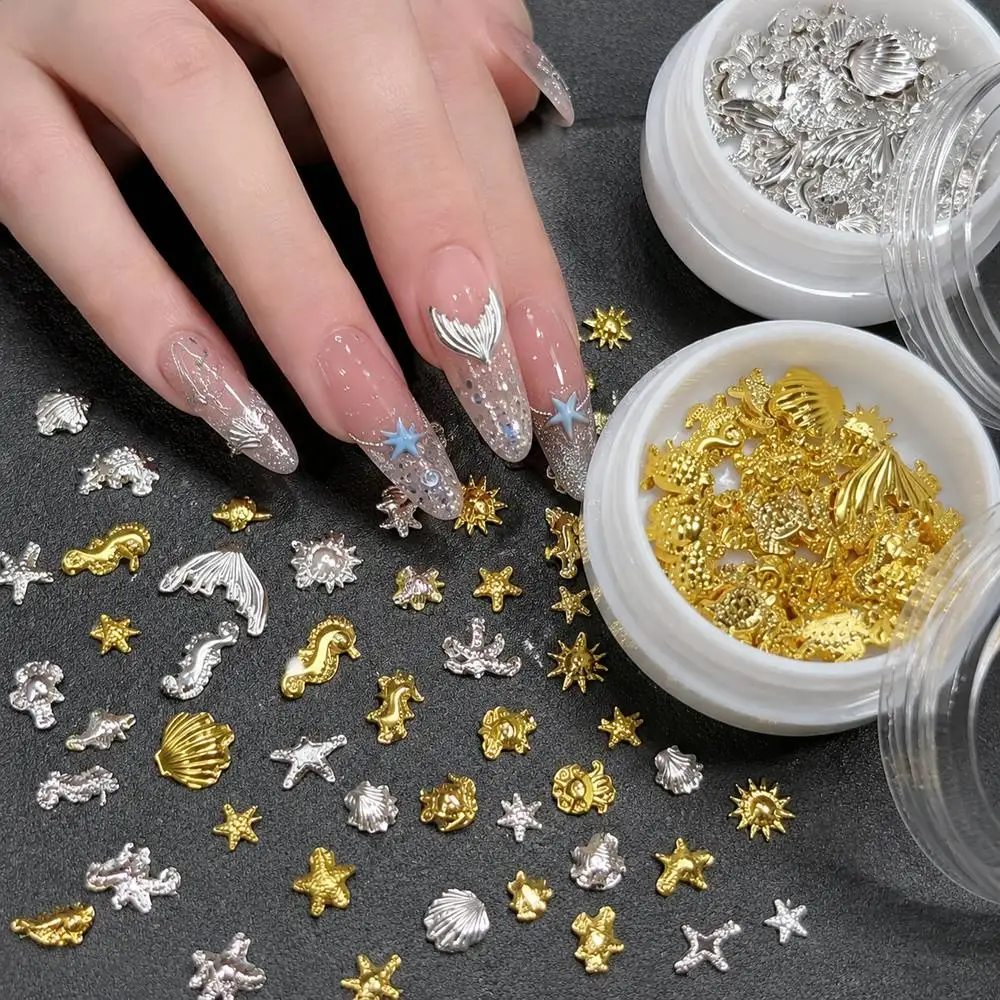 1Jar Gold Silver Marine Nail Charms, Ocean Shell Starfish Nail Decor, Summer Beach Manicure Nail Supplies For Formal Art