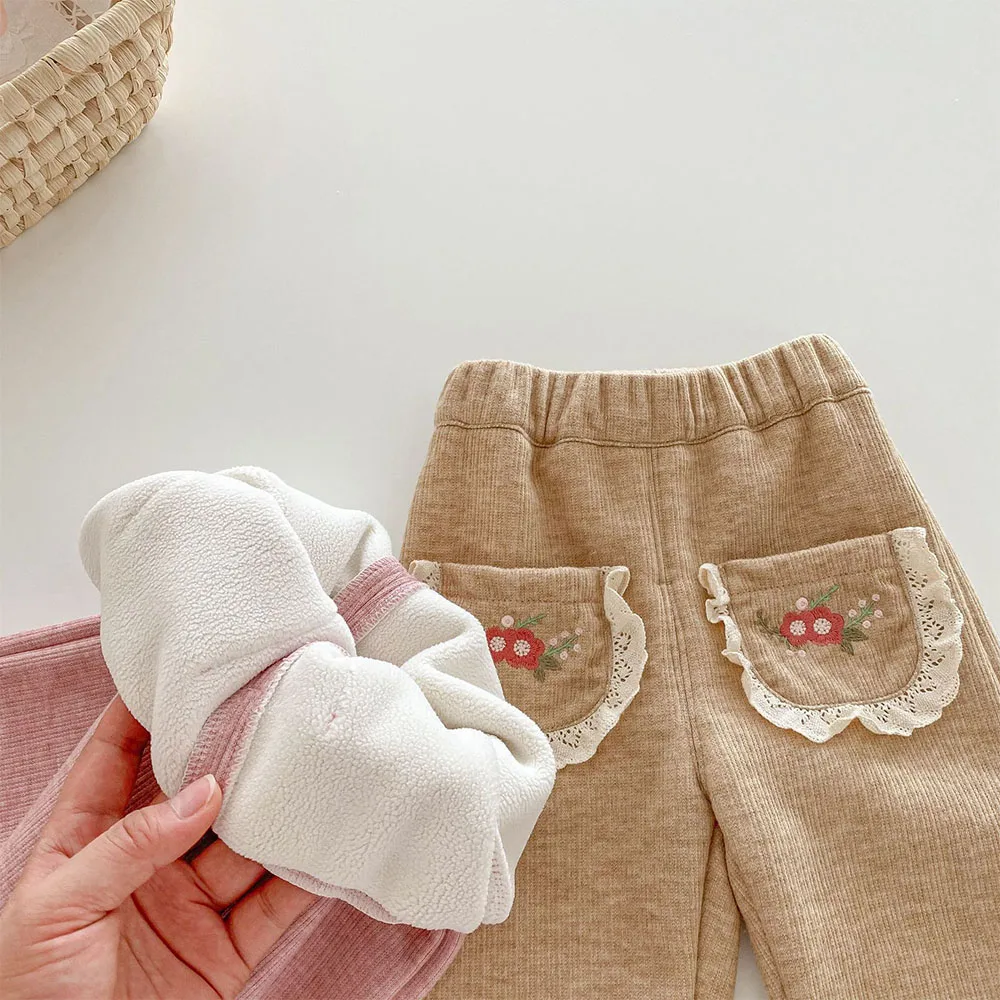 Girls Trousers Plus Velvet Thicken Warm Winter Flower Embrodiery  Baby And Toddler Clothing Casual Loose Kids Pants