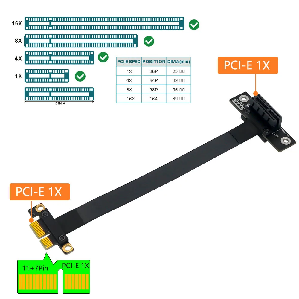 Add On Cards PCI-E Riser PCIe PCI Express 36PIN 1X 270 Degree Extension Cable Adapter PCI-E X1 to PCI-E X1 Gen3 8Gbps Converter