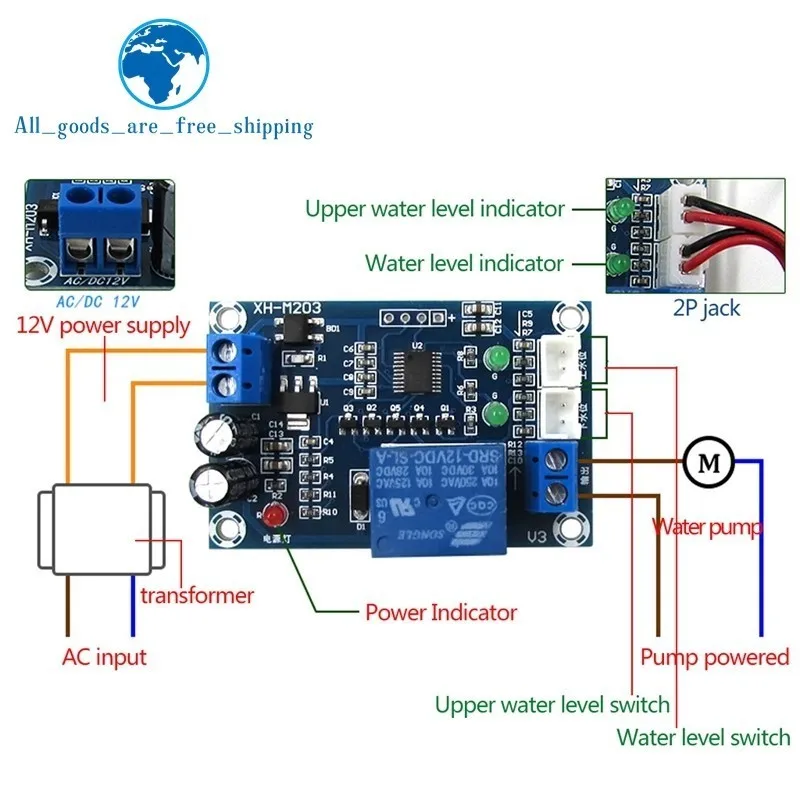 TZT XH-M203 Vollautomatischer Wasserstandsregler Pumpenschaltermodul AC/DC 12V Relais