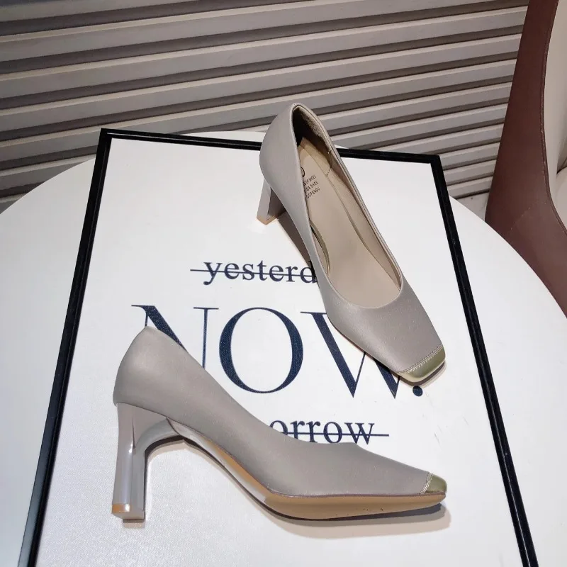 

Женская модная обувь на толстом каблуке, новые весенние водонепроницаемые нескользящие износостойкие туфли без шнуровки с квадратной головкой на высоком каблуке