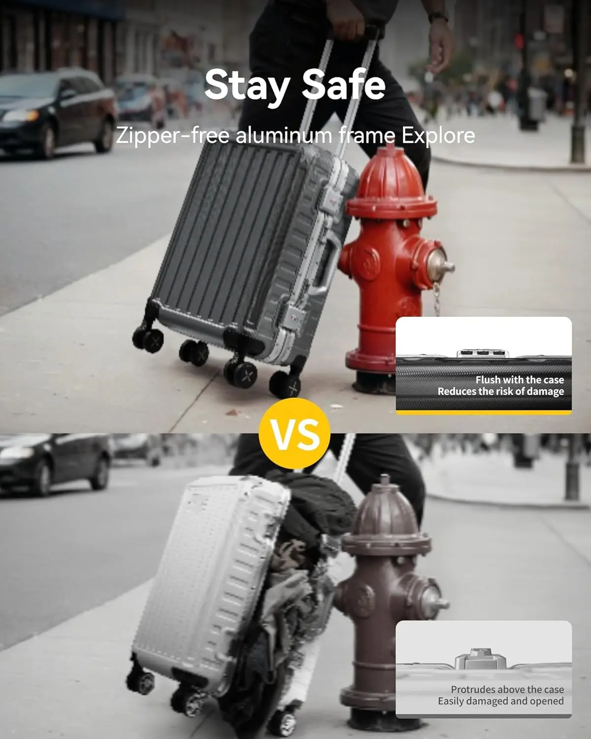 Mala com rodas Spinner, policarbonato de alumínio duro Shell, bagagem Zipperless, continuar, 20 polegadas, prata e cinza