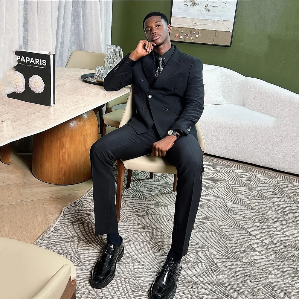 2 Piece Chic Black Men Suits Set High Quality Formal Double Breasted Peak Lapel Suit Slim Fit Business Wedding Groom Tuxedo