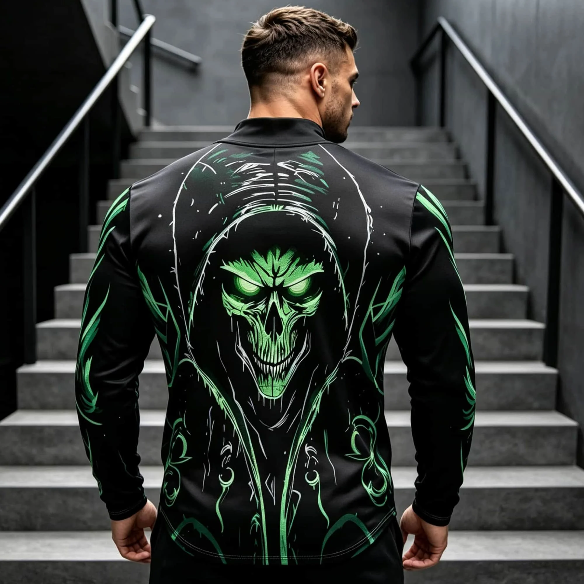 New Men Mock Neck Long Sleeve T‑Shirt Dark Gothic Skull Swirl Line Art Print Pullover Tops Punk Streetwear