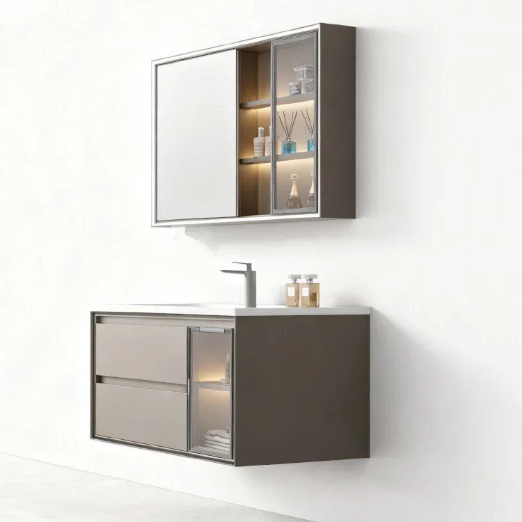 xx-Modern Style Ceramic Basin Stainless Steel Waterproof Wall-Mounted Cabinet LED Smart Mirror Drawers Eco-Friendly Bathroom Set