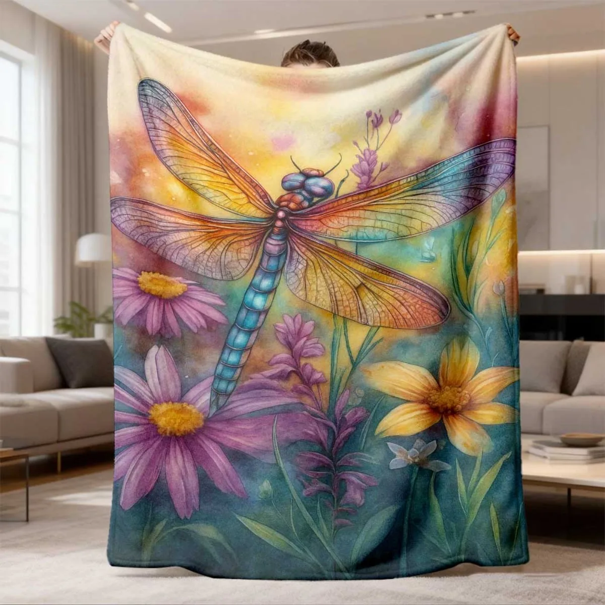 Dragonfly Floral Flannel Blanket Soft Cozy Throw Blanket Colorful Wildflower Print Bed Sofa Couch Cover Home Decor