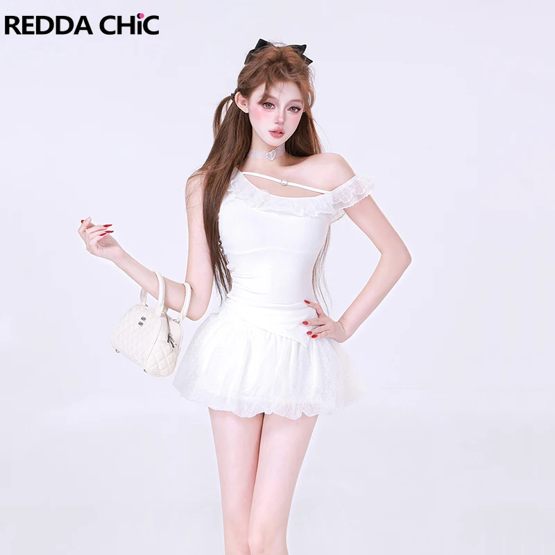 

REDDACHiC Women T-shirt Bubble Skirt Set Slant Shoulder Lace Trim Irregular Top Elastic Waist Mini Skirt Kawaii Summer Clothes