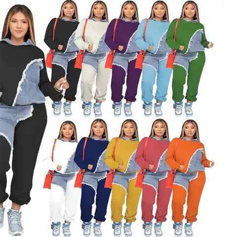 Women's Hooded Patchwork Sweatshirt Set Thickened Long Pants Winter Fashion Three-Piece Suit  Color Pure Winter Collection