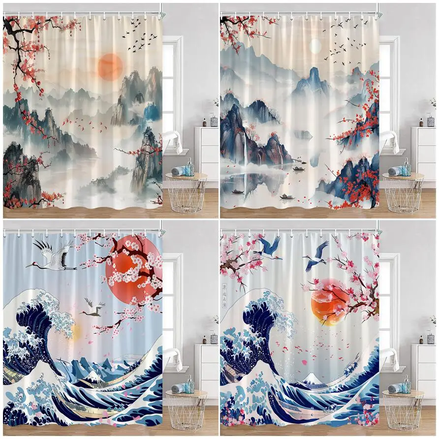 

Japanese Style Shower Curtains Abstract Mountain Sea Wave Cherry Blossom Crane Ink Art Landscape Bathroom Curtain Bathtub Decor