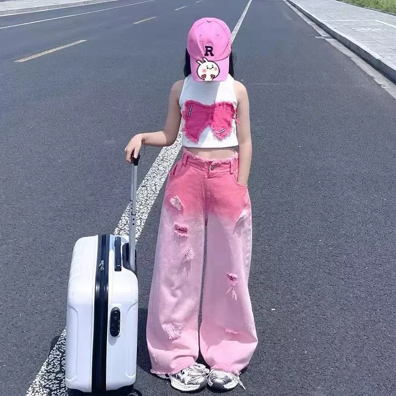 2025 sommer Neue Mädchen Kleidung Set Bogen Ärmellose Weste + Schmetterling Dekoration Gradienten Zerrissene Jeans 2 Stücke Für 3-8Y mode Outfit
