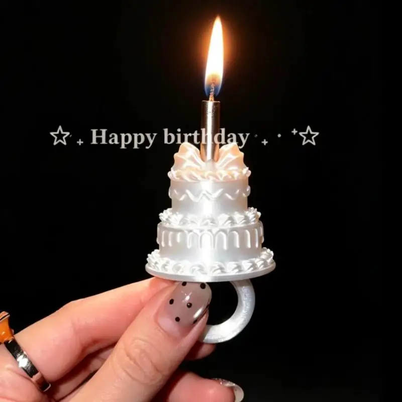 Birthday Cake Opening Ring With Candle Photo Props 3D Cake Shape Ring 17mm Cute Party Decor Finger Ring For Birthday Celebration
