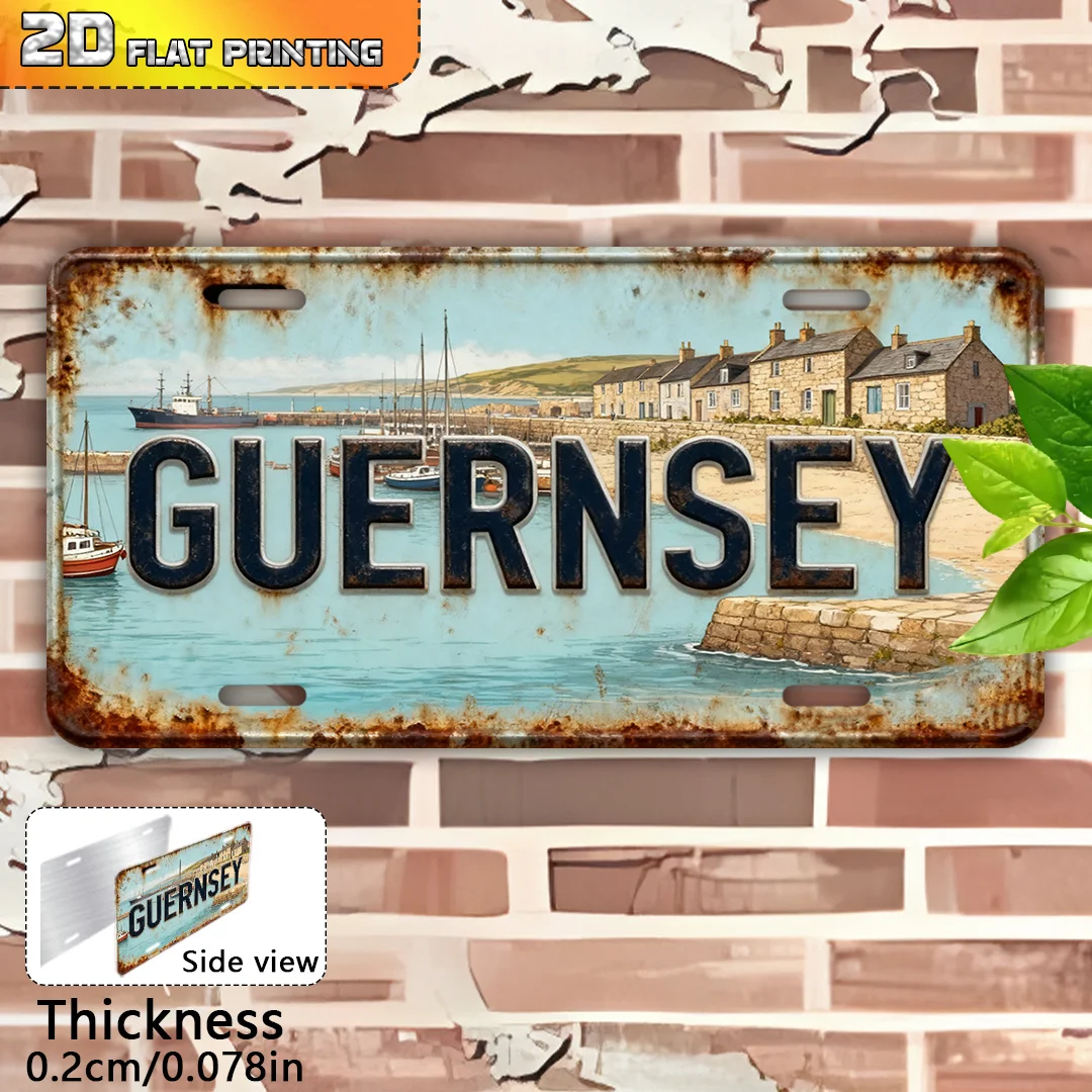 2D Flat, Vintage Guernsey Port Aluminum Sign- Heavy Wall Art with Channel Islands Map, British Coast Decorative Sign