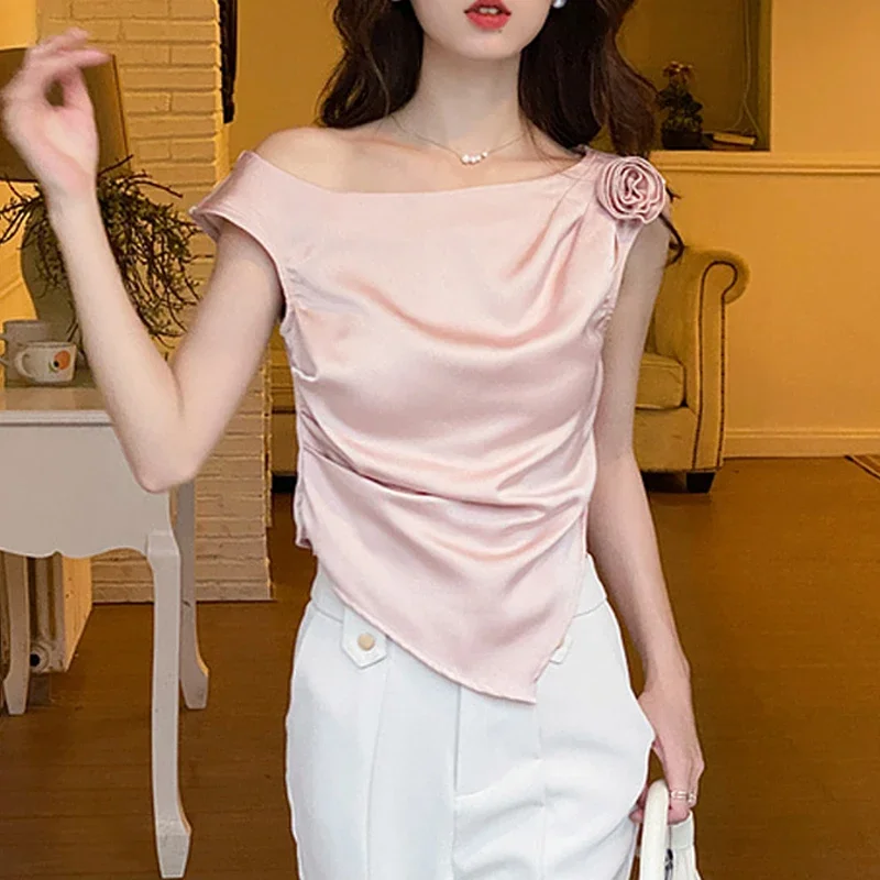 Slim Fit Shirt Solid Color Clothes Fashion Skew Collar Sexy Off Shoulder Blouse Office Lady Tops Elegant 3D Flower Blusas  27931