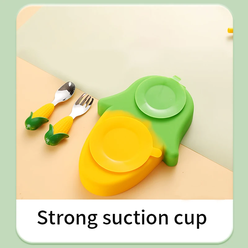 Silicone Baby feeding Dish Set Food Grade Corn Style Suction Children Tableware for Kids Divided Food Plate 304 Fork Spoon Set