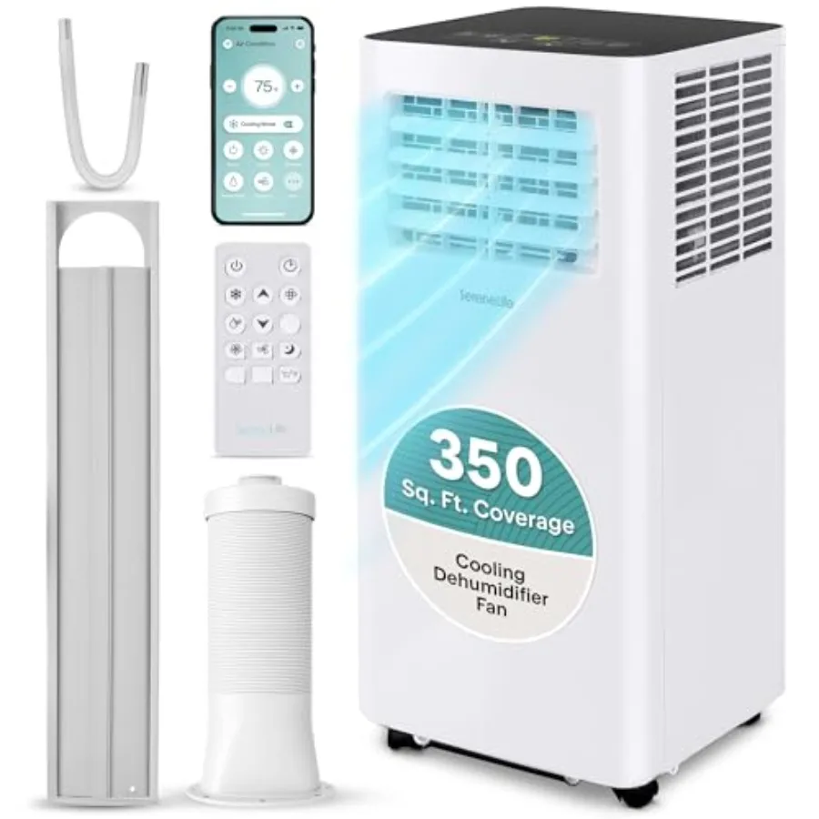 

Portable AC Unit 8000 BTU for bedroom and office use, white ABS plastic housing, LED display control box, dehumidifier and fan