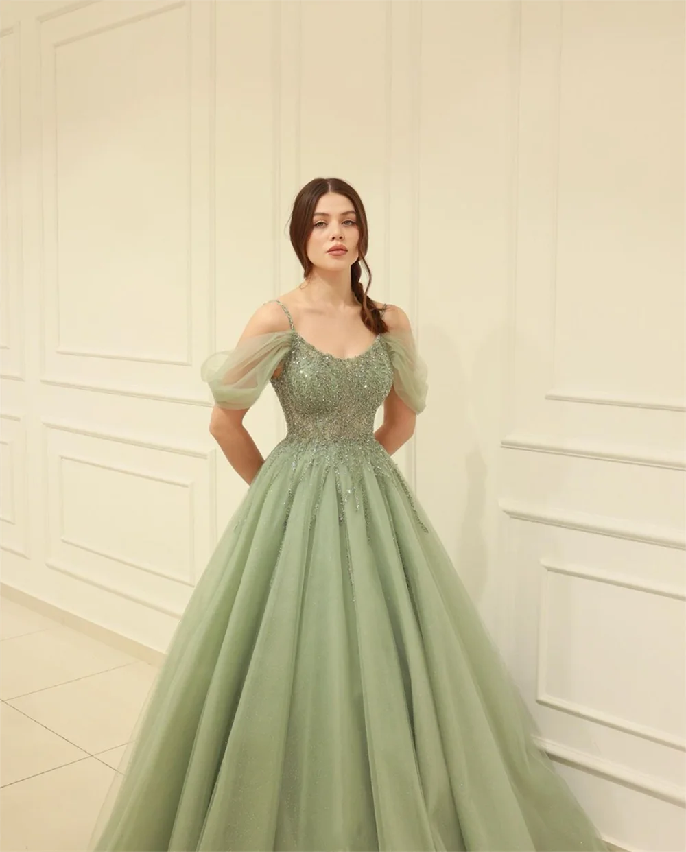 Jessica-vestidos de graduación verde claro para mujer, vestidos de noche con cuentas de tul brillantes para ocasiones formales, vestidos de fiesta