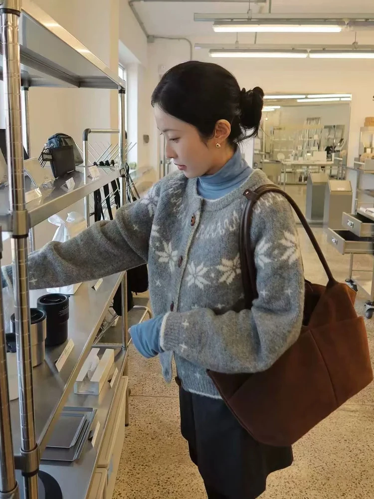 

Retro Knitted Open Cardigan Women's Soft round Ne Single Button Gentle Top Phil Island Sle Long Sve Winter Wear