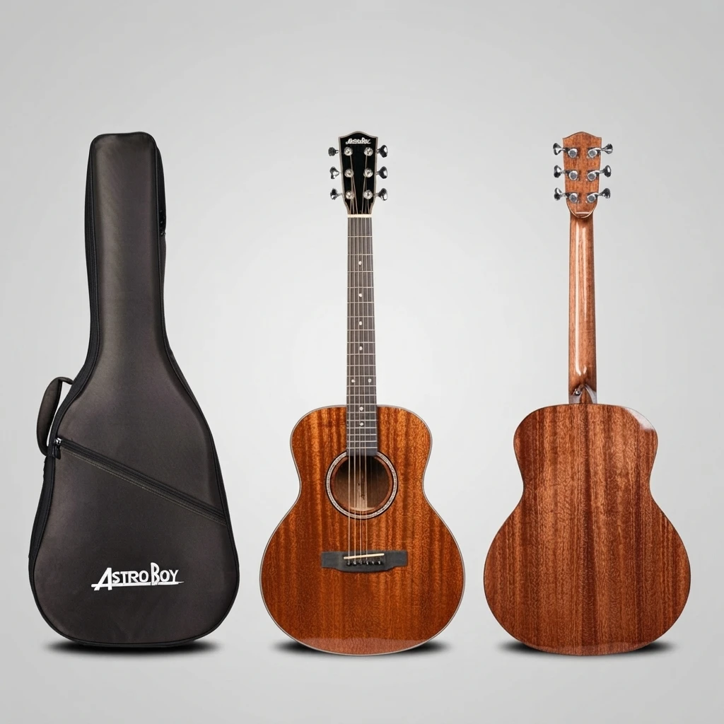 GA Round Body Acoustic Guitar All Red-Brown Gloss Whole Body Decorative Rosette Black Bridge 6 Strings for Beginners, Practice