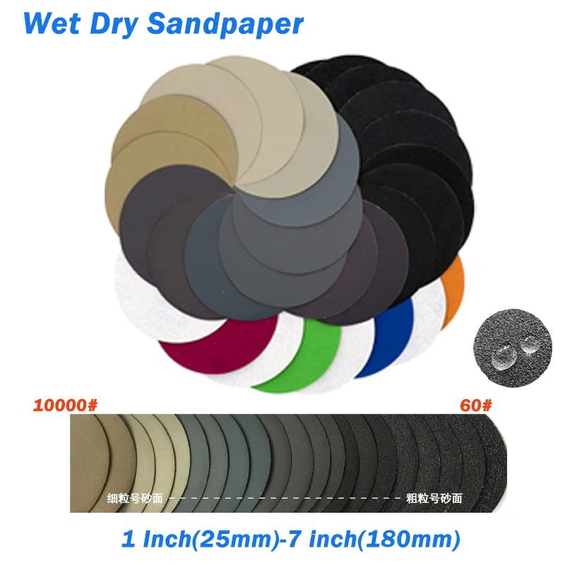 

2-20 шт., 1 дюйм (25 мм)-7 дюймов (180 мм) зернистость 60-10000, влажная и сухая наждачная бумага для автомобиля, дерева, металла, стекла, смолы, экспоксиальная полировка и шлифовка