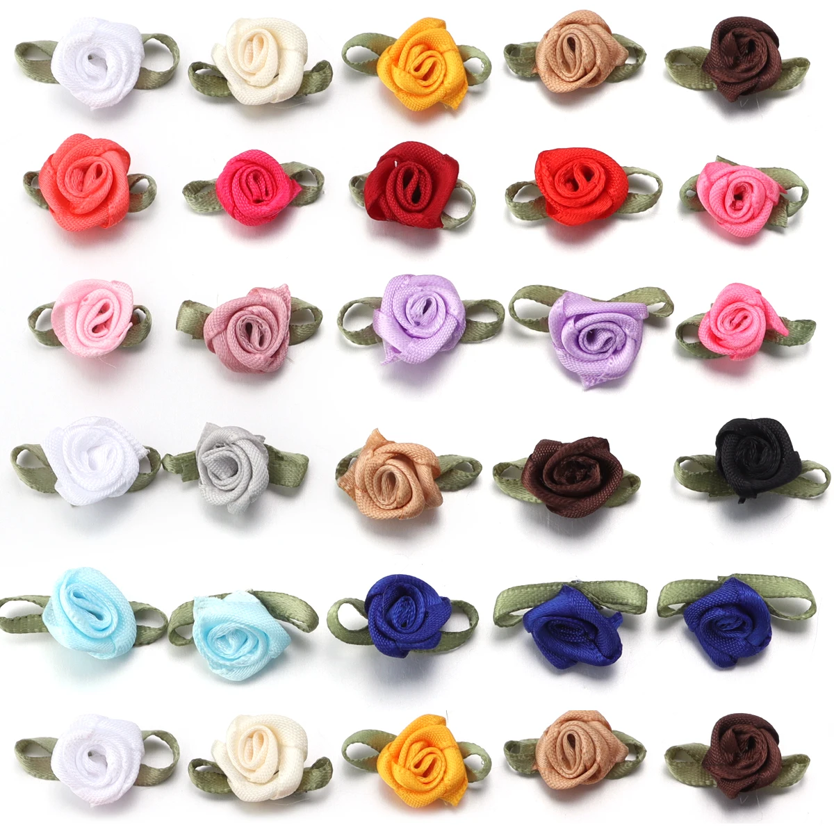 50pcs/lot Mini Polyester Handmade Rose Flower And Bud Satin Bow For Craft Sewing Clothing Accessories Decoration