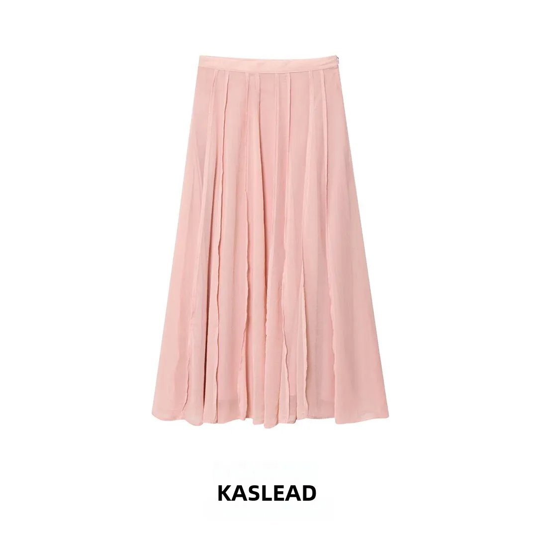 

KASLEAD New Women's Midi Skirt Transparent Embroidery Design High Waist A-Line Stand Fit Casual Polyester Fiber 2025 Autumn