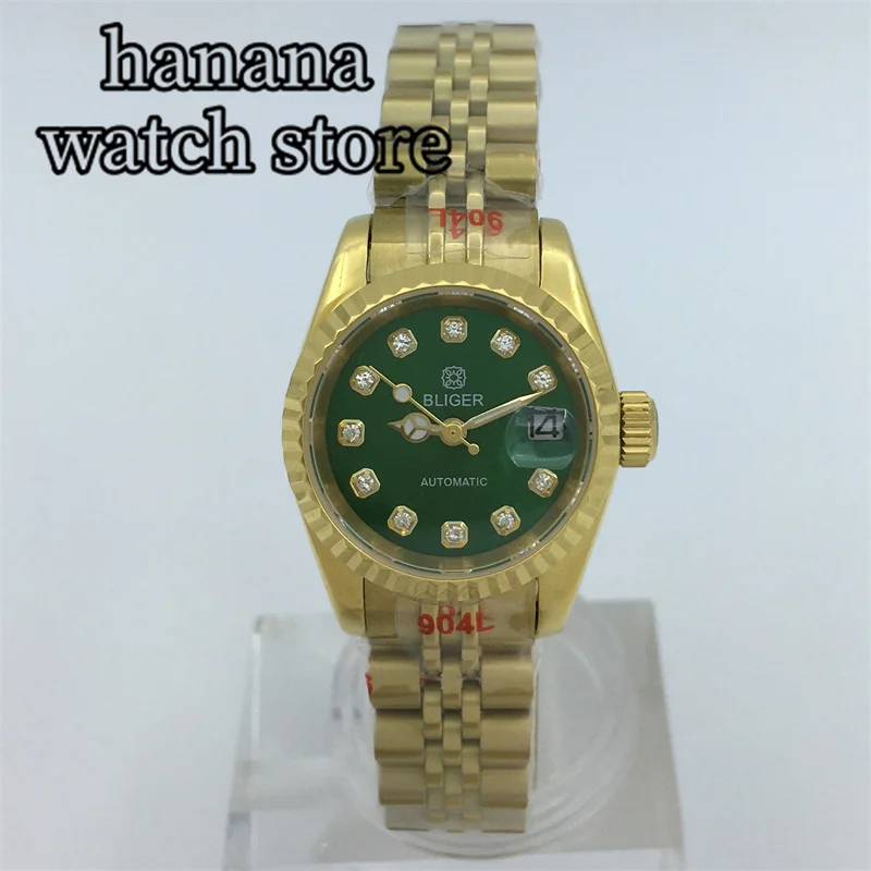 

BLIGER 26mm Gold Luxury Women's Watch Japan NH05 Automatic Mechanical Diamond Index Luminous Hand Sapphire Glass Elegant Watch
